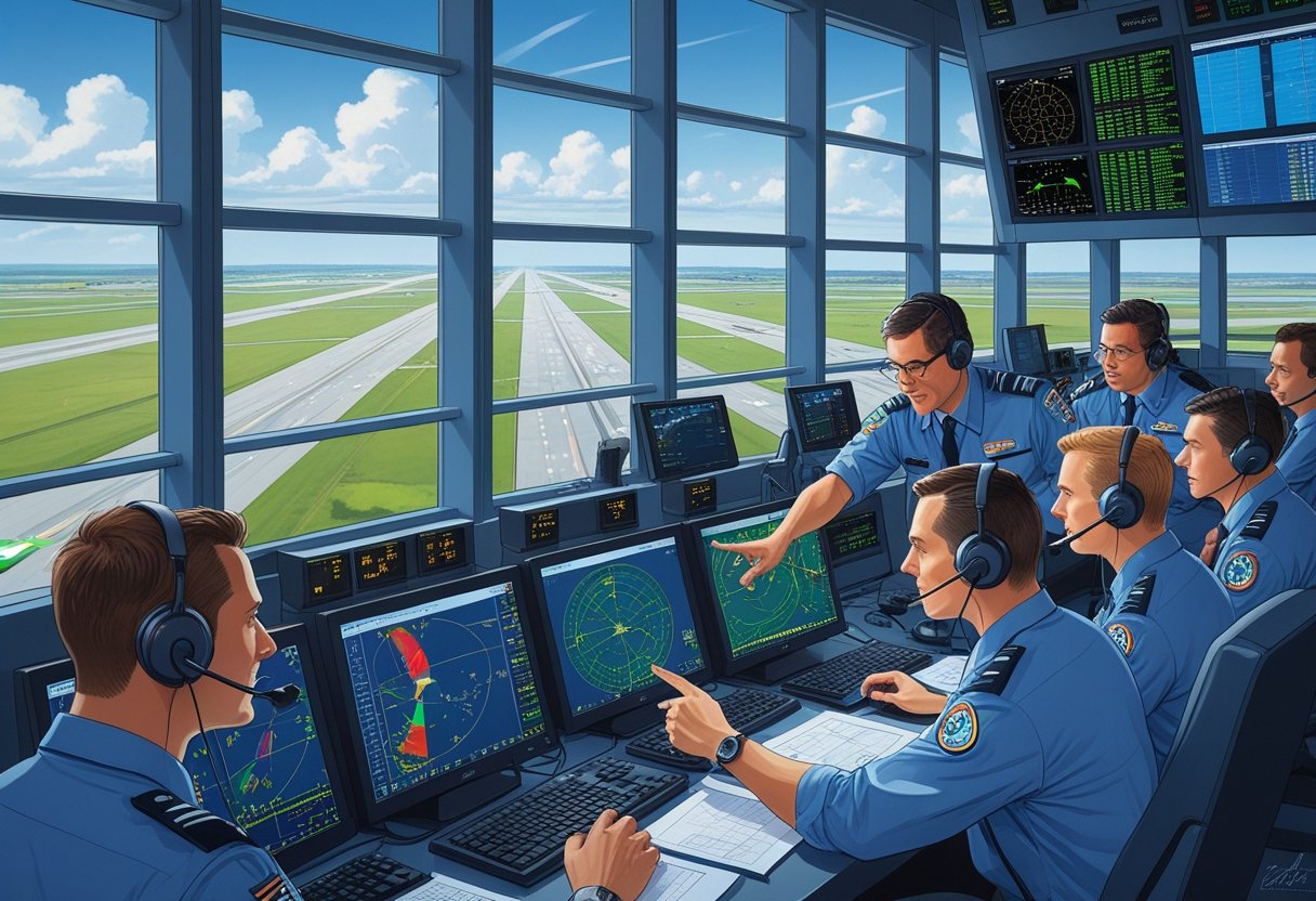 A group of air traffic controllers working together in a control tower, monitoring aircraft on computer screens and receiving training.