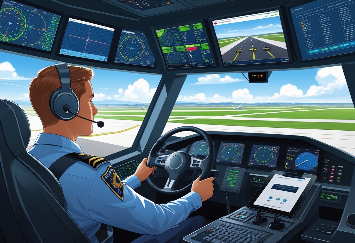 An air traffic controller in a control tower using a driving simulator with radar screens and airplanes visible outside the window.