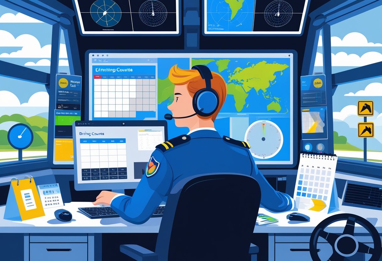 An air traffic controller in a control tower looking at a computer screen with driving course options, surrounded by aviation and driving-related items.