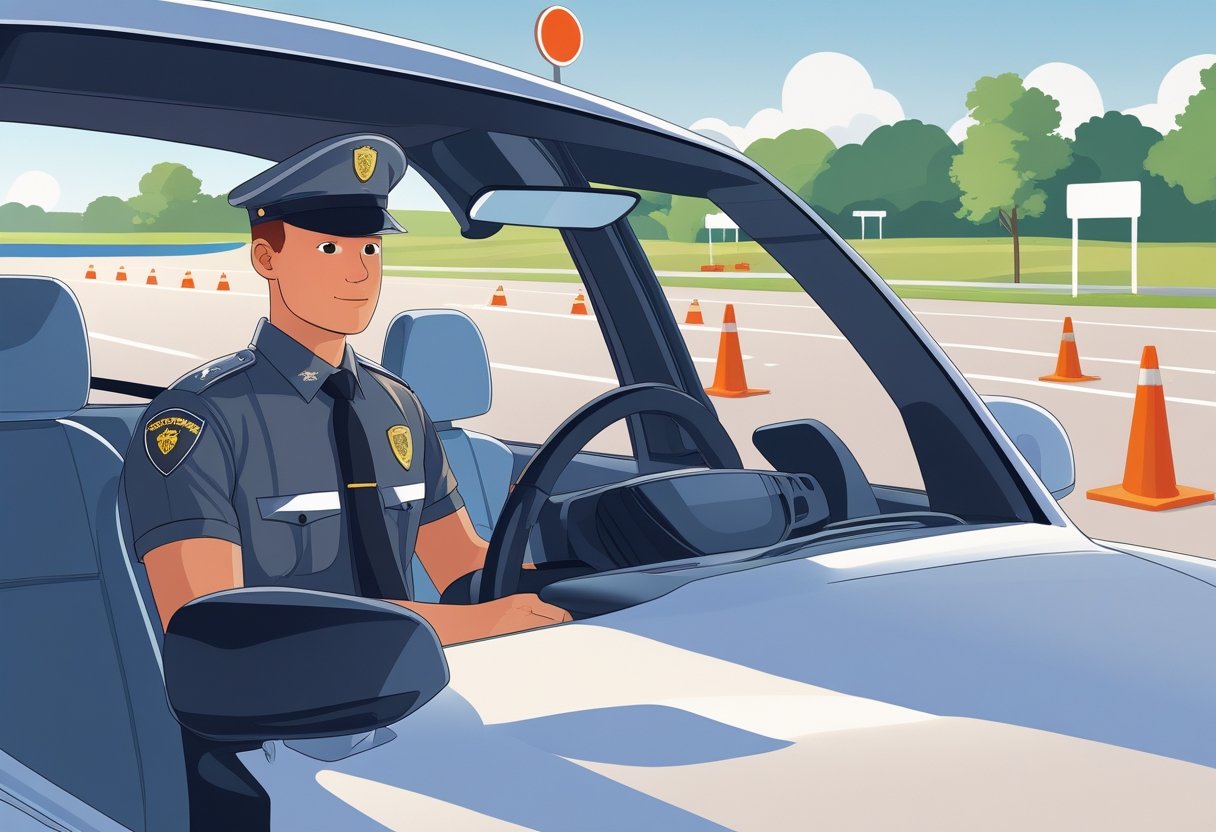 A security guard in uniform driving a car during a driving lesson with an instructor beside them at a training course with cones and road signs.