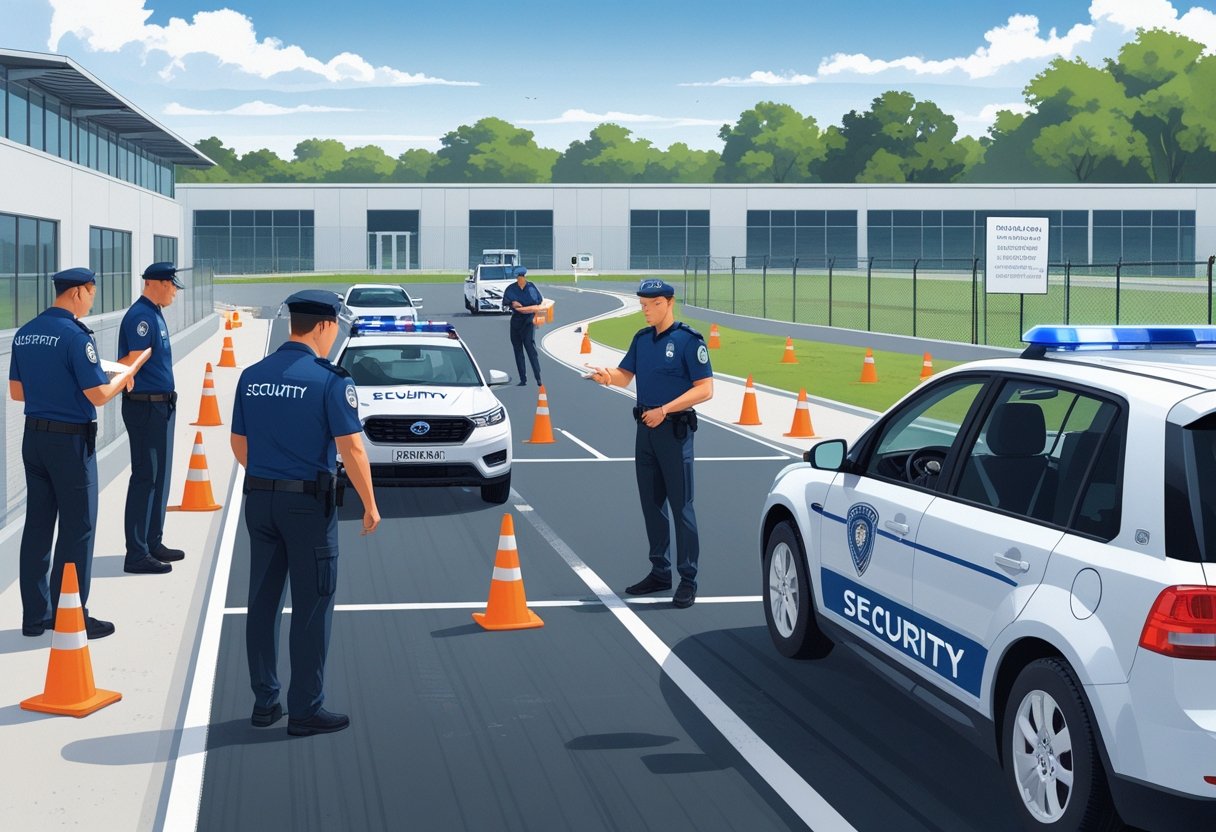 Security guards in uniform taking part in a driving training session on a secure driving track with an instructor observing.