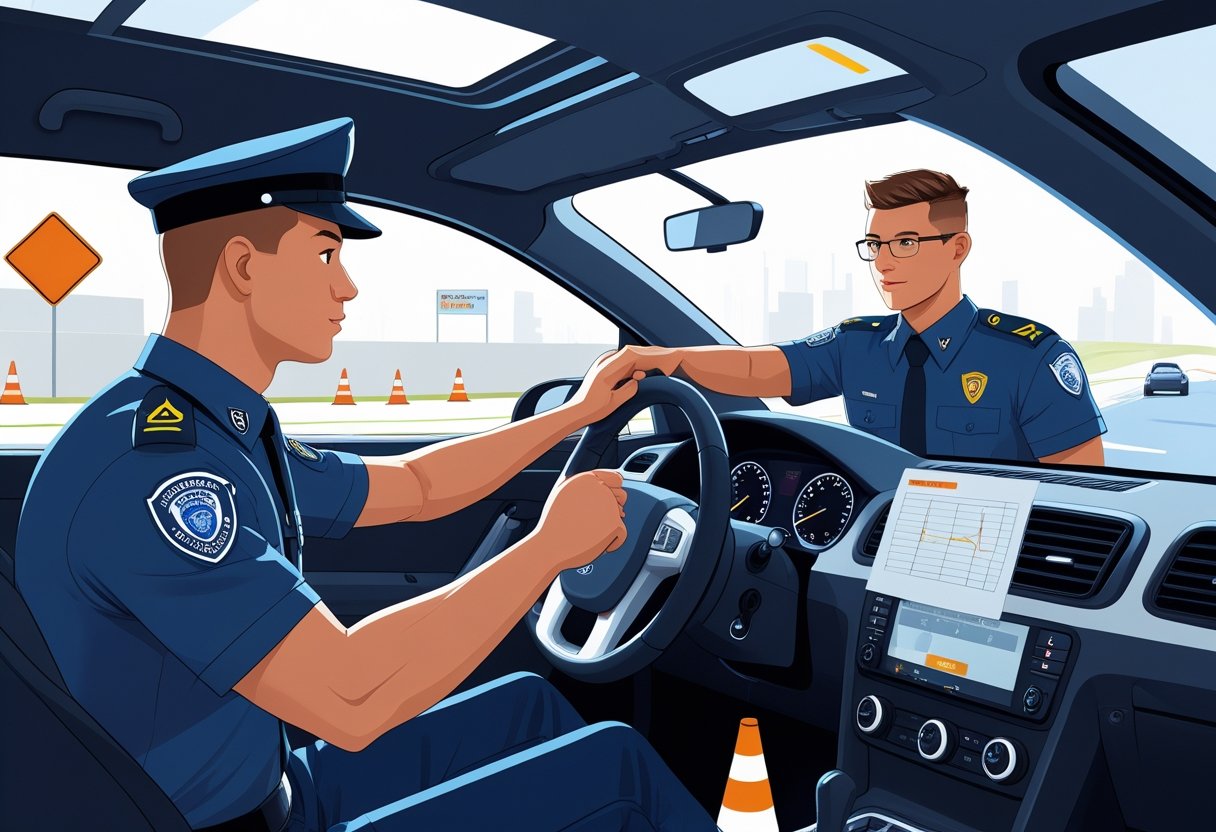 A security guard in uniform receiving driving instruction from an instructor inside a training car on a driving course with road markings and cones.