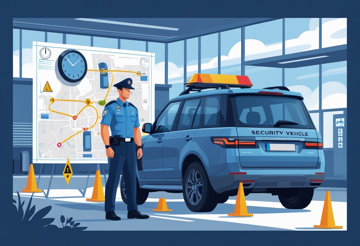 A security guard in uniform stands next to a security vehicle at a driving training course, with a driving instructor nearby and symbols representing common security challenges around them.