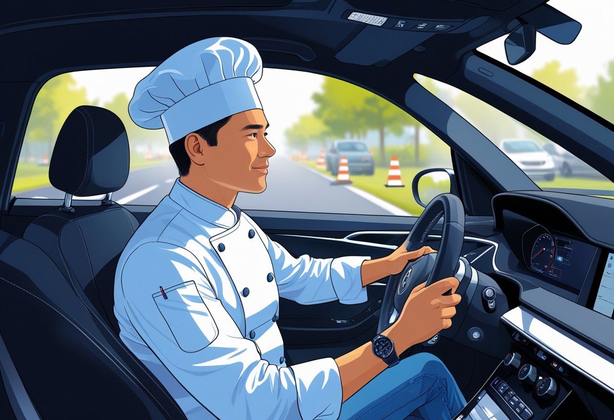 A chef wearing a white jacket and hat is sitting inside a car, holding the steering wheel with a focused expression, preparing to drive in a driving school environment.