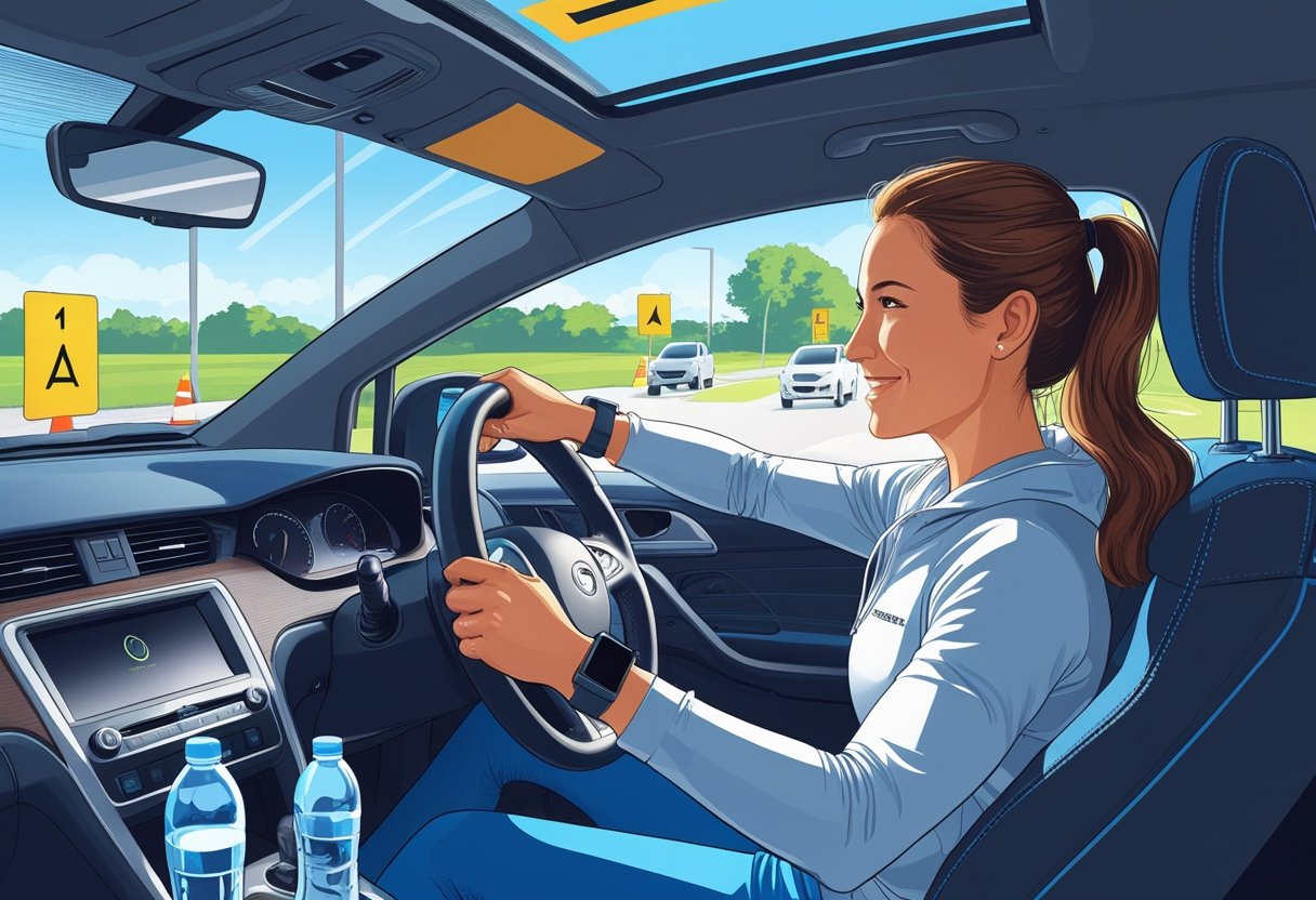 A personal trainer sitting in the driver's seat of a car with a driving instructor beside them, learning to drive on a clear day with road signs and cones outside.