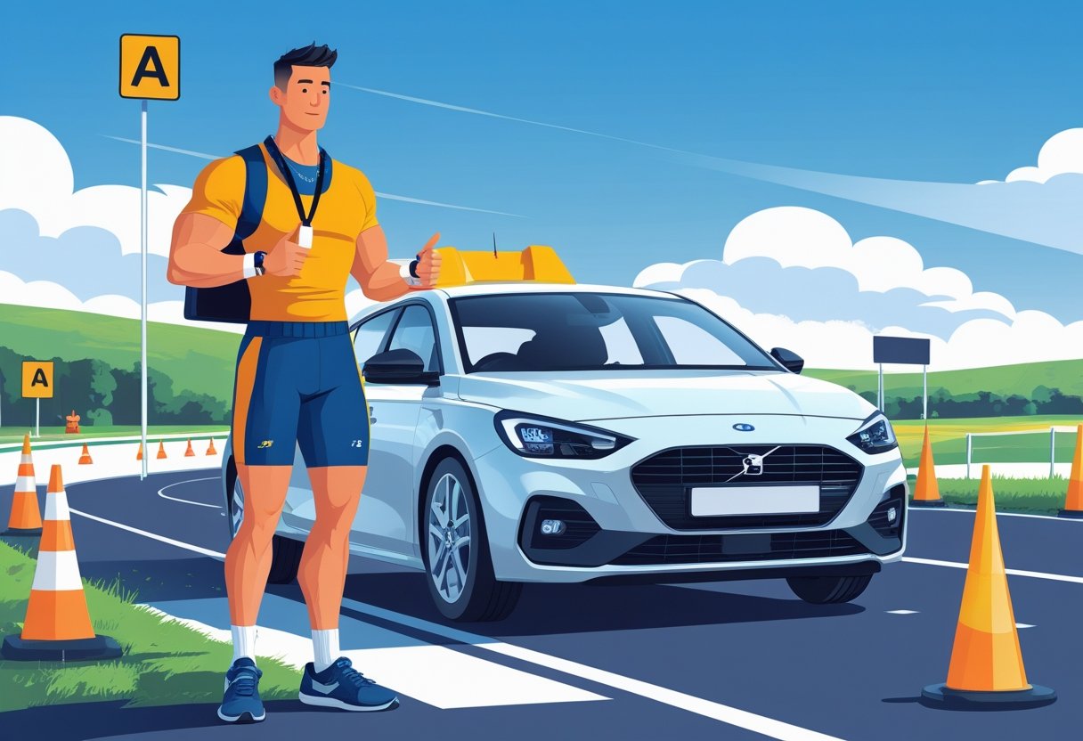 A personal trainer standing next to a car on a driving course with cones and road signs.