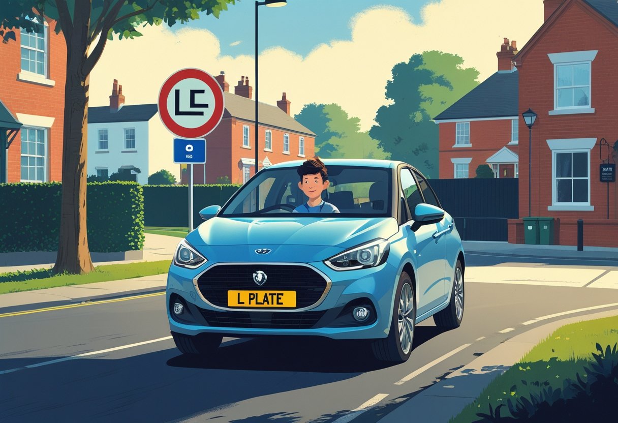 A young person sitting in the driver's seat of a car with an L-plate, parked near a driving test centre on a British suburban street.