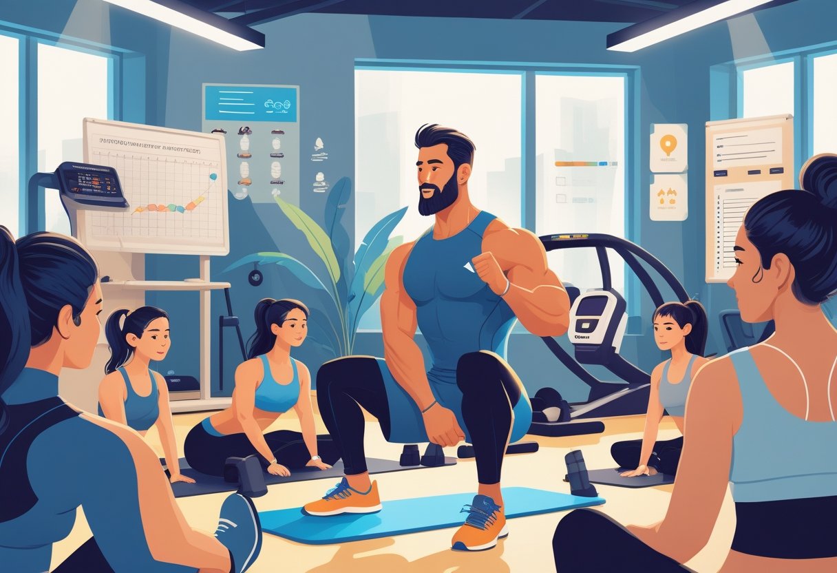 A personal trainer helping clients with different fitness challenges in a gym, showing support and guidance while incorporating learning and progress symbols.