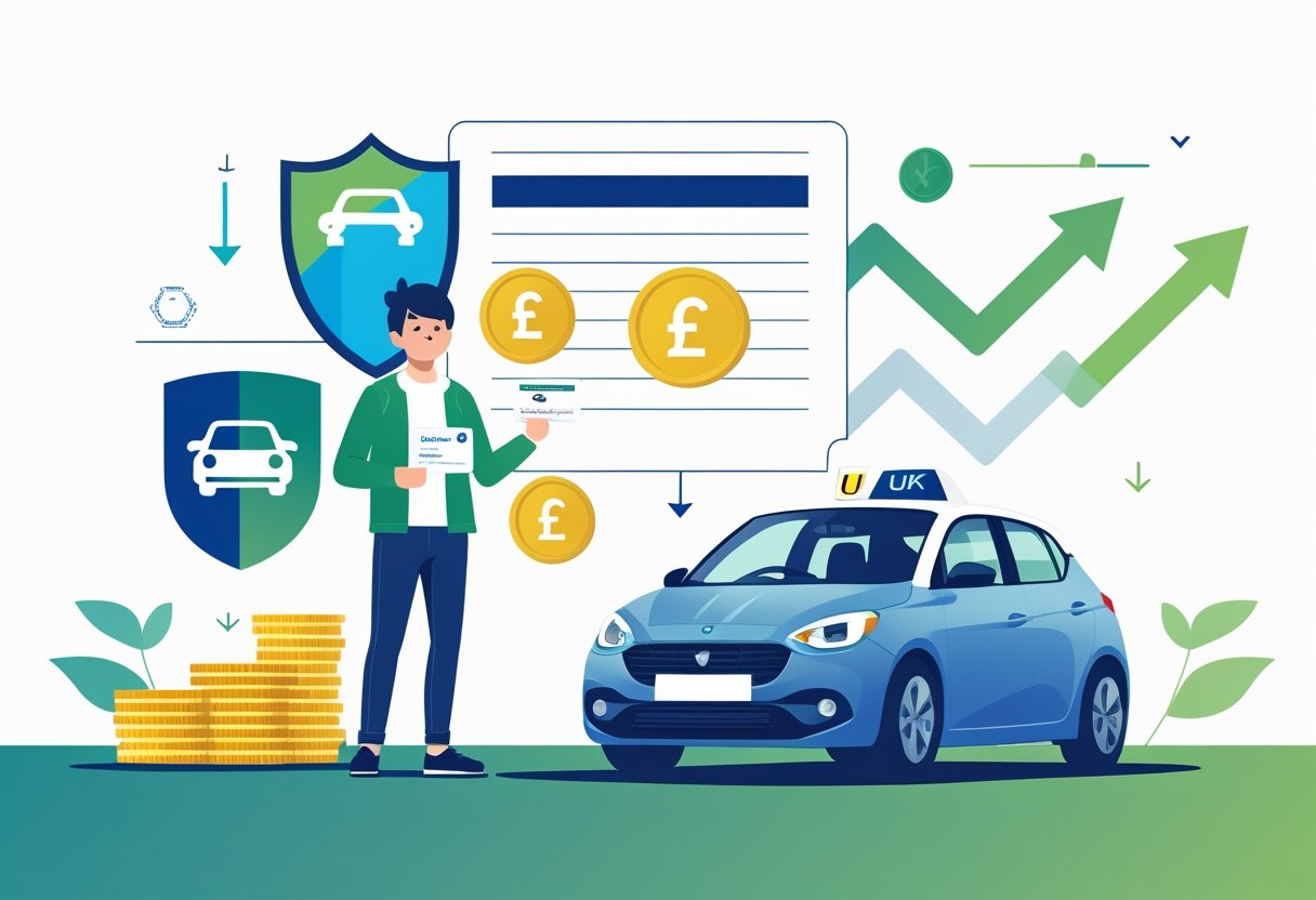 A young person holding a learner driver licence card standing beside a car with UK licence plate, surrounded by icons representing insurance and costs.