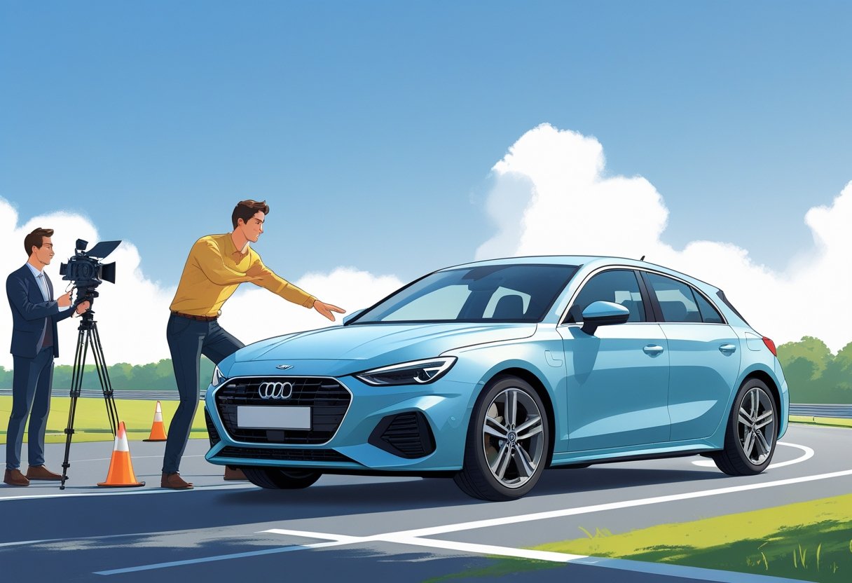 An actor receiving driving lessons from an instructor on a closed driving course with a camera crew nearby.