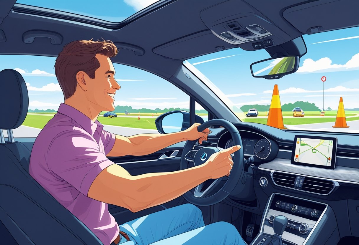 An actor receiving driving lessons from an instructor inside a car on a sunny driving course.