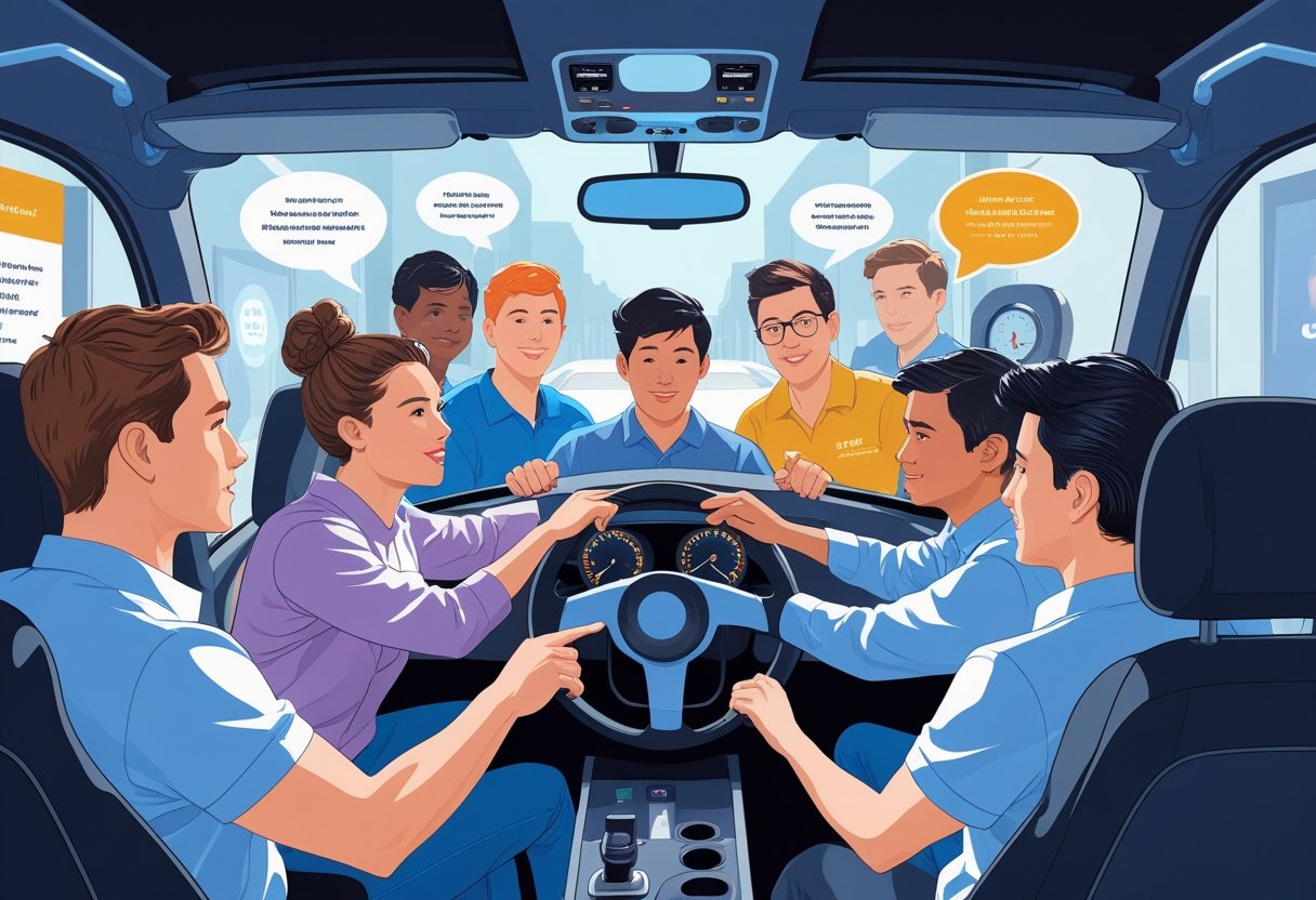 Actors practicing driving skills in a simulator with an instructor guiding them in a training facility.