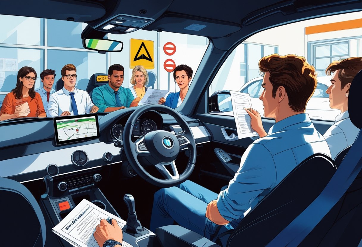 A group of actors learning to drive in a modern driving school with an instructor guiding one actor behind the wheel while others watch and take notes.