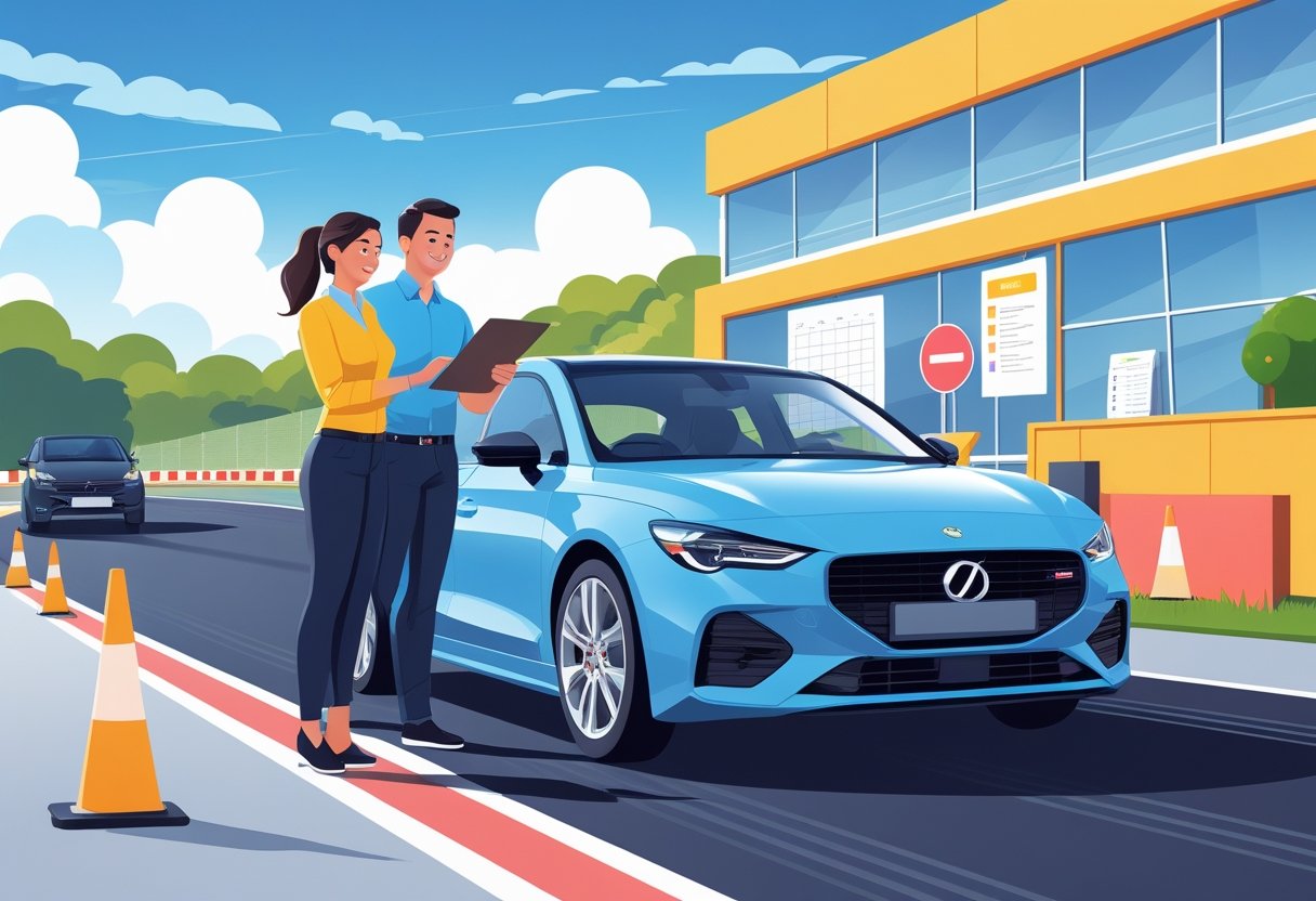 An event planner receiving driving instructions next to a car on a training track with traffic cones and road signs.