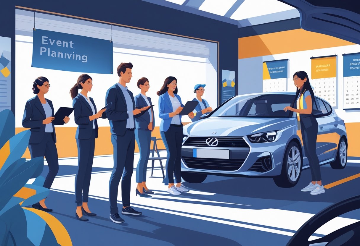 A group of event planners learning to drive with an instructor beside a car in a driving school setting.