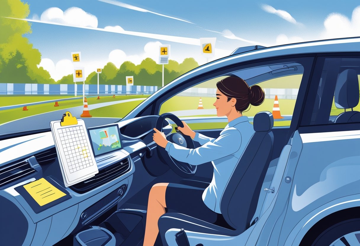 An event planner sitting in a car at a driving course, surrounded by event planning tools like a calendar and checklist.