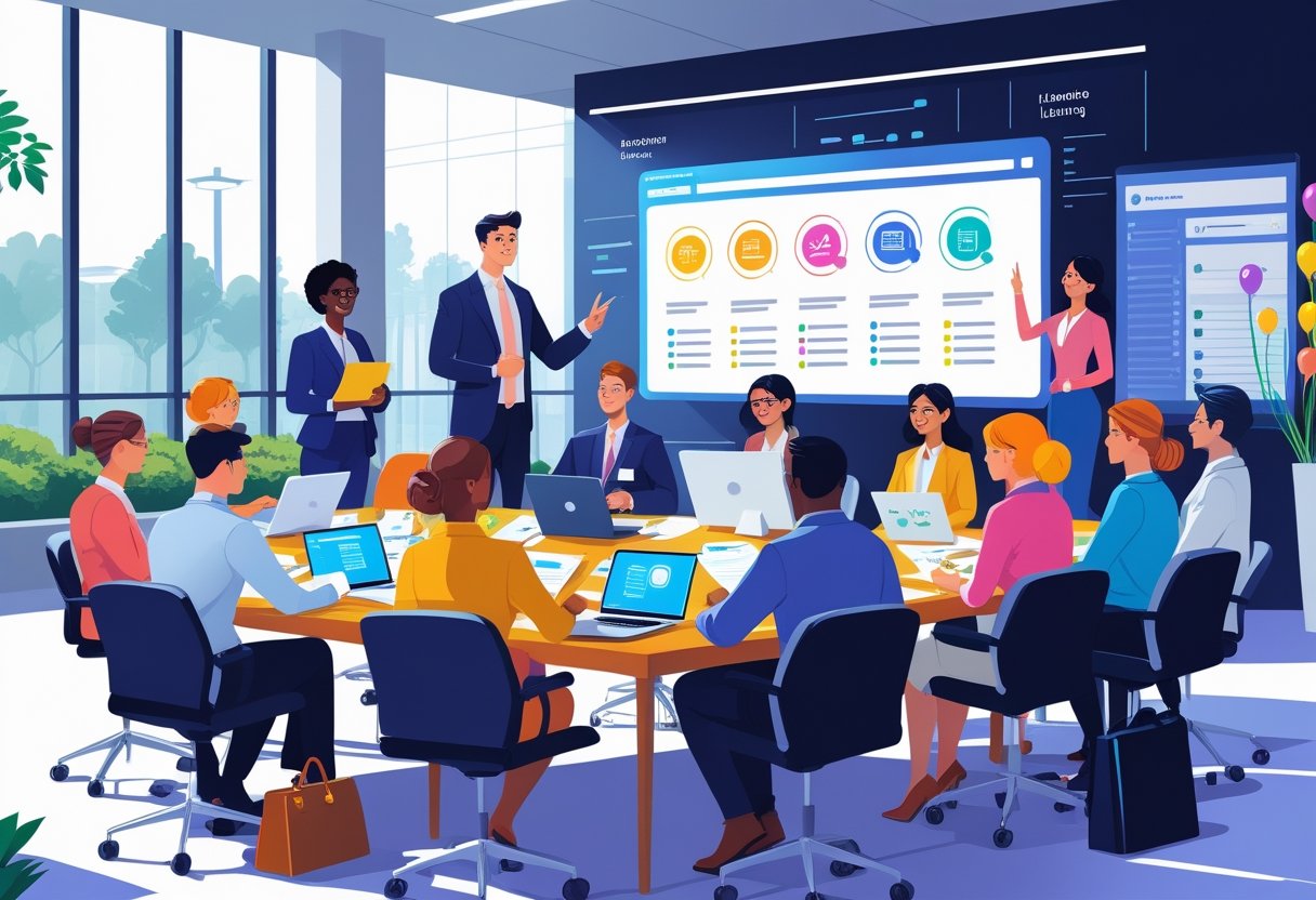 A group of event planners attending a training session in a modern conference room, working together with planning materials and an instructor guiding them.