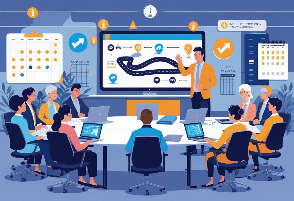 A group of adults in a classroom setting learning driving skills related to event planning, with an instructor and a digital screen showing a driving route and event planning icons.