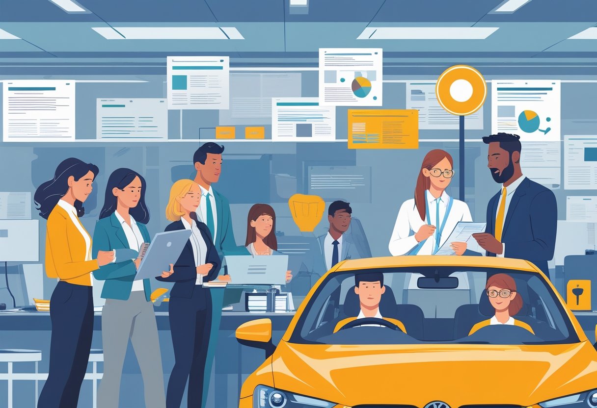 Journalists working in a busy newsroom and a driving instructor teaching a journalist to drive on a quiet road.