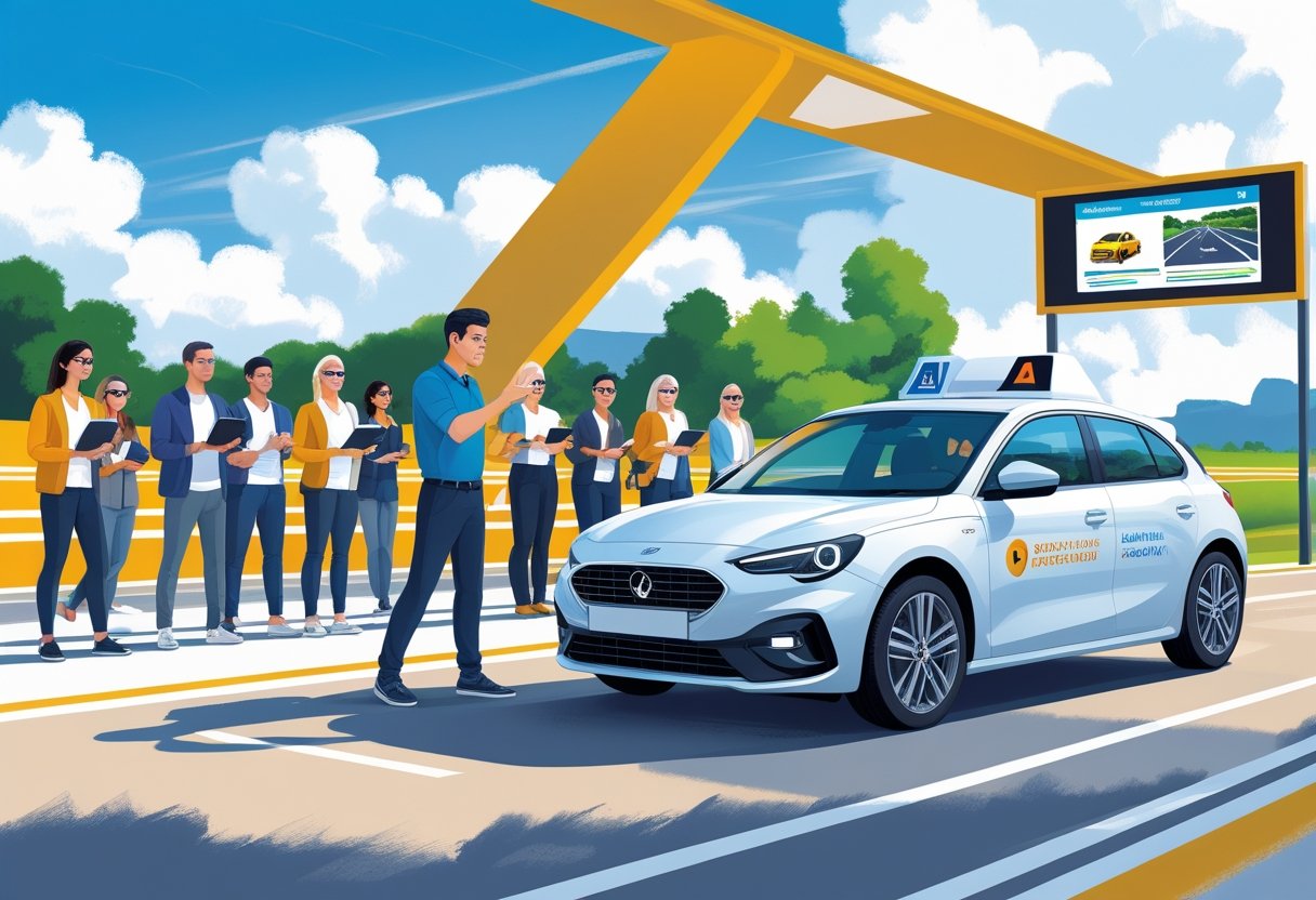 A group of adult learners attentively watching a driving instructor demonstrating techniques next to a car on a training track.