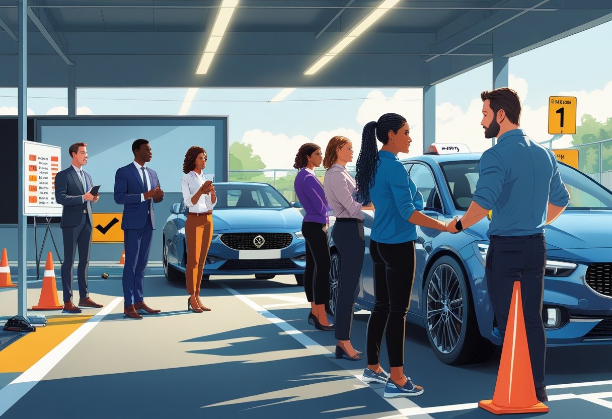 A group of news anchors learning to drive a car under the guidance of an instructor at a driving school.