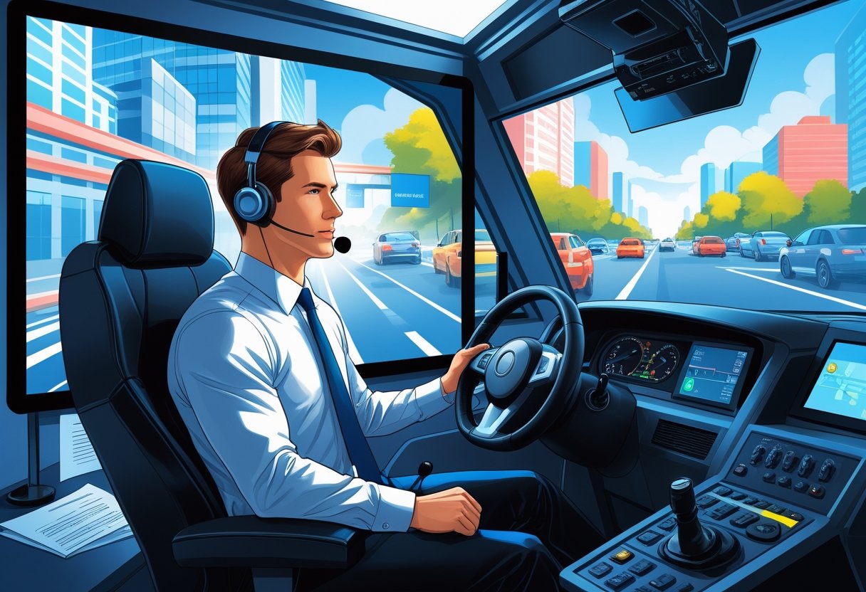 A news anchor in a driving simulator inside a newsroom, focused on learning to drive with studio equipment around.