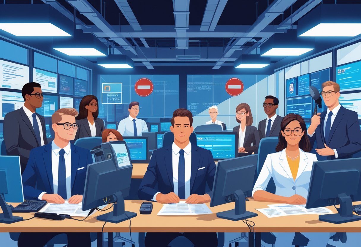 News anchors in a newsroom receiving guidance and support while working with broadcasting equipment and screens.