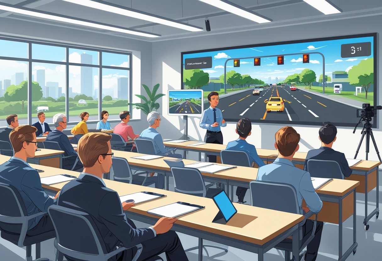 A group of adults in a classroom learning driving skills with an instructor and a large digital driving simulation screen.