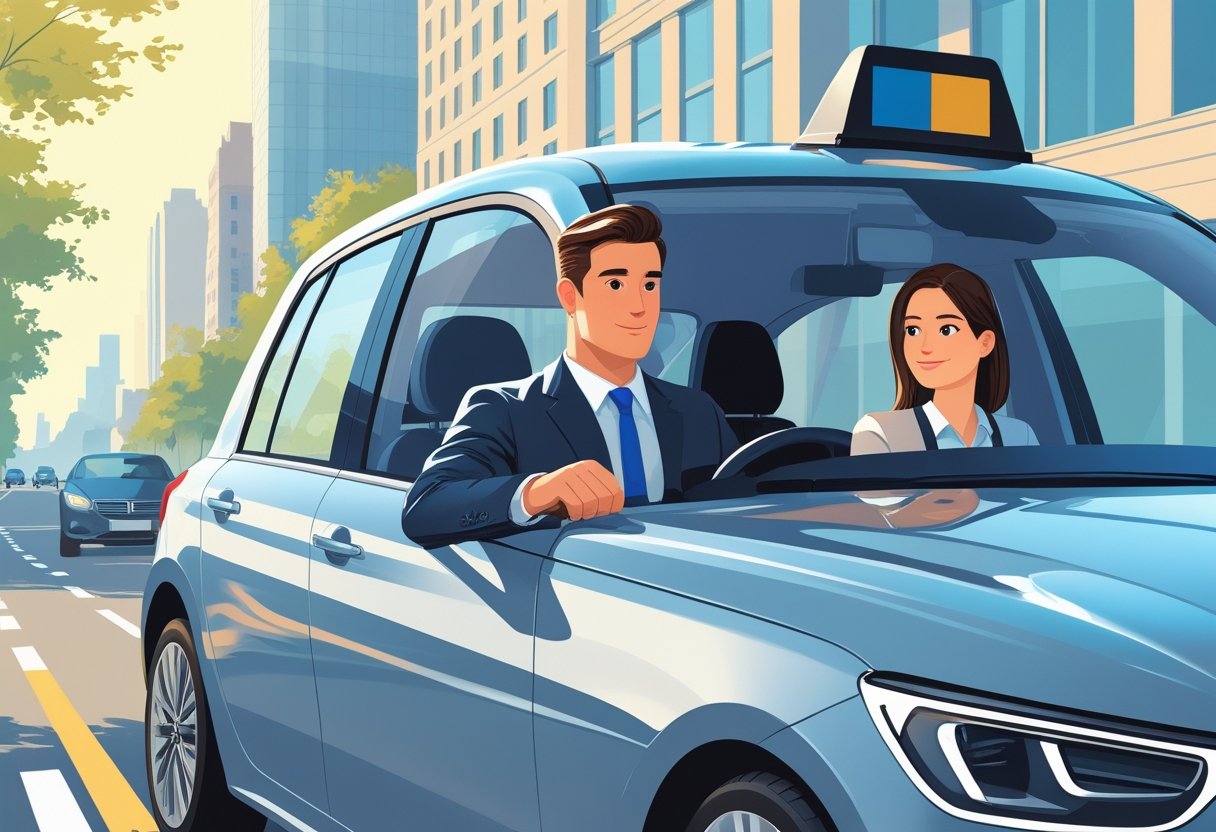 A banker in business clothes learning to drive a car with an instructor on a city street near office buildings.