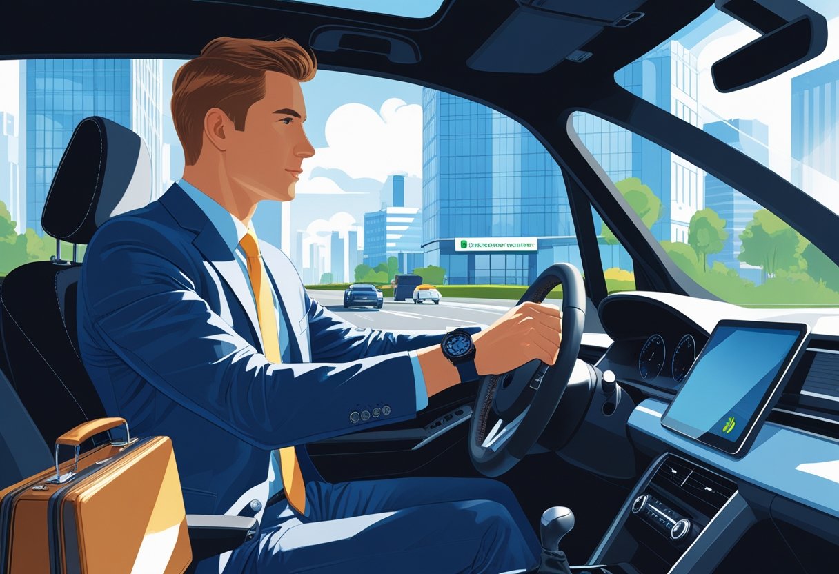 A banker in business clothes driving a car through a city with office buildings and a bank in the background.