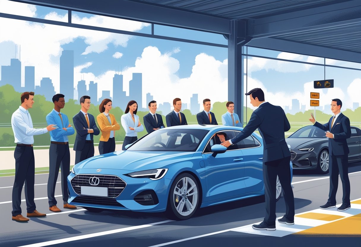 A group of bankers in business clothes learning to drive with an instructor in a driving school setting.