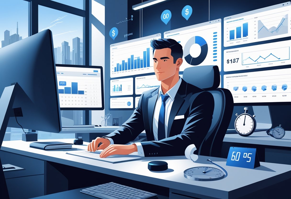 A financial advisor working at a desk with financial charts and driving-related icons in a modern office setting.