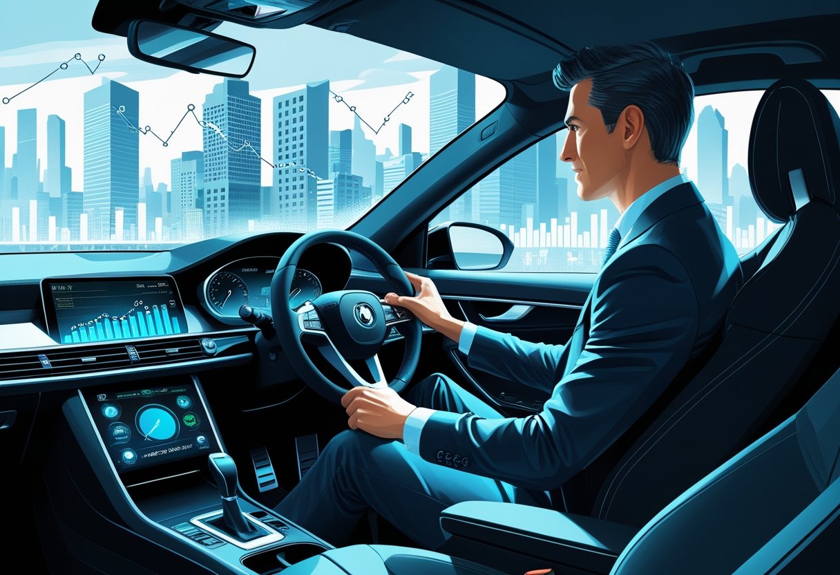 An economist in business clothes sitting in a modern car, ready to drive, with a city skyline and financial charts in the background.