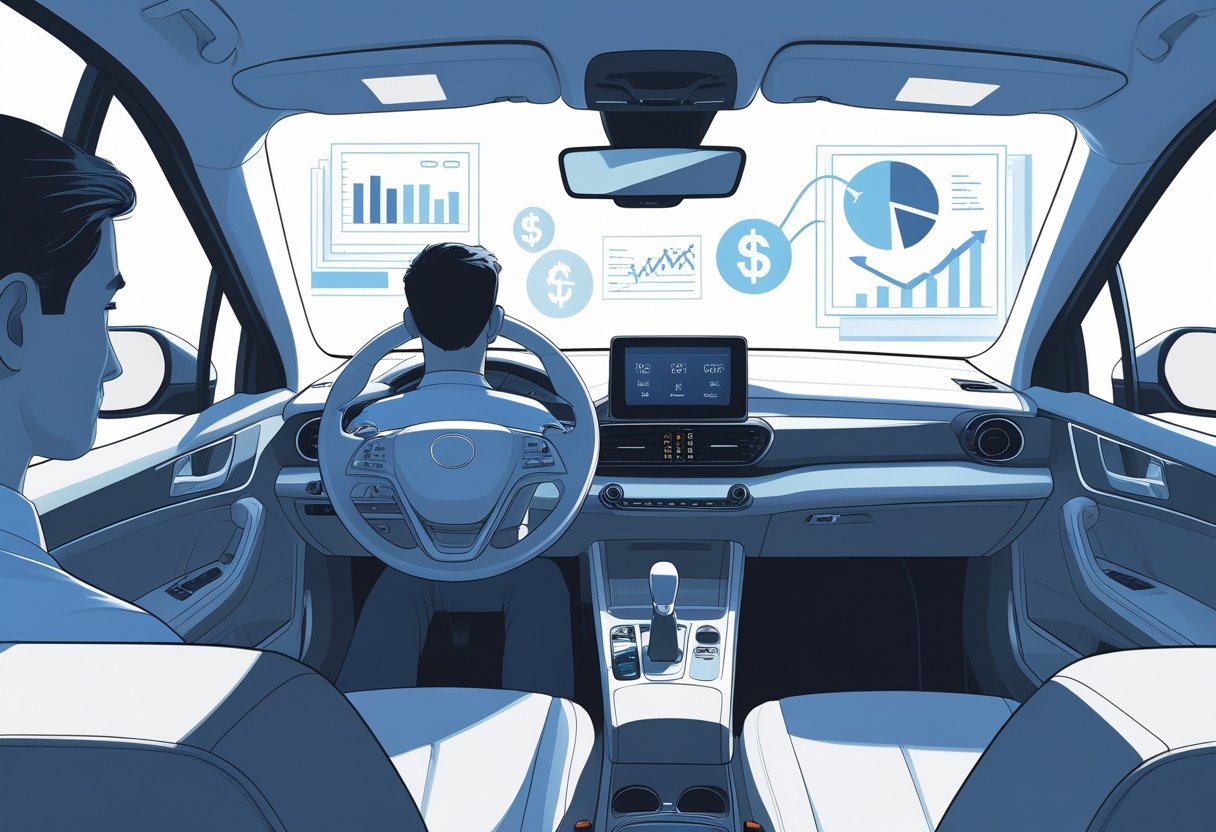 An economist sitting behind the wheel of a car with a driving instructor nearby, surrounded by economic symbols and charts.