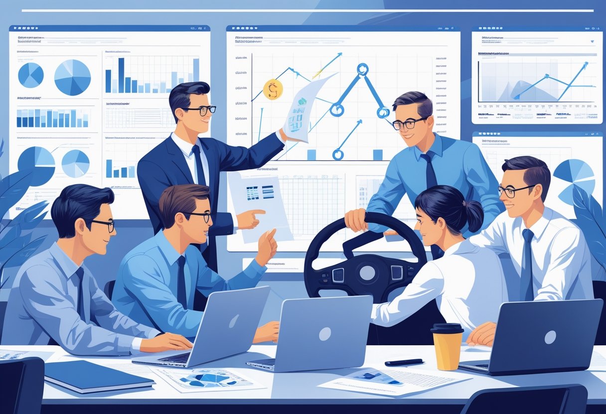 Economists working together in an office, analysing data and using a driving simulator for training.