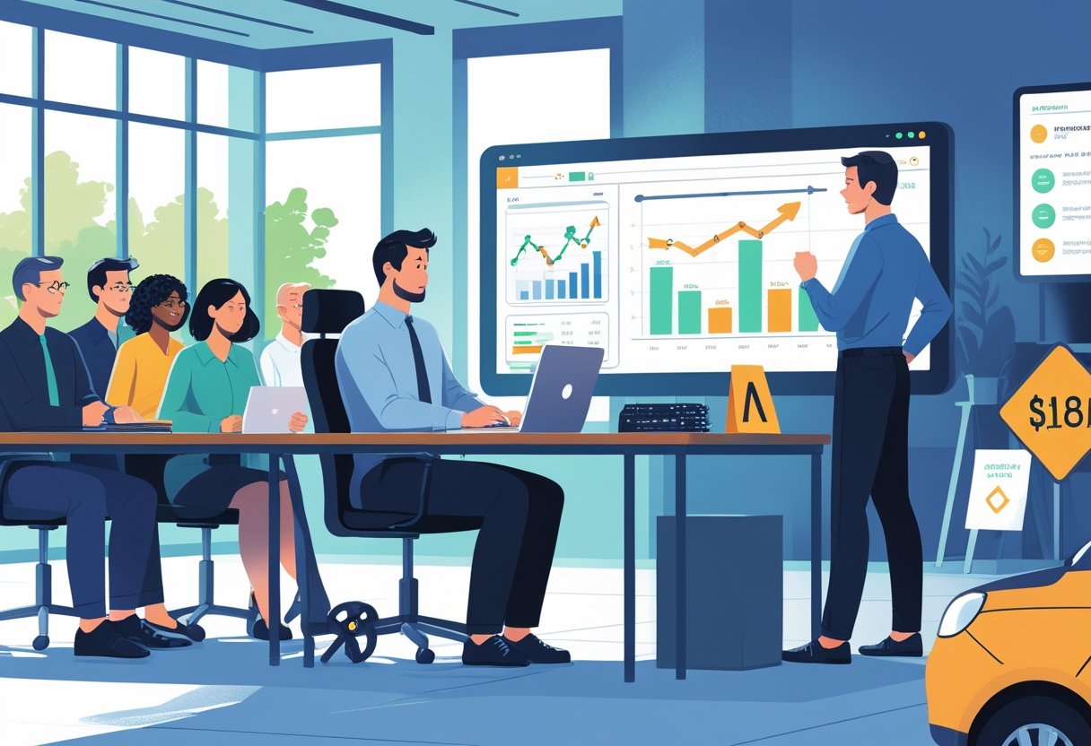 A person in smart casual clothes learning driving skills in a classroom with an instructor and digital screens showing driving and economic data.