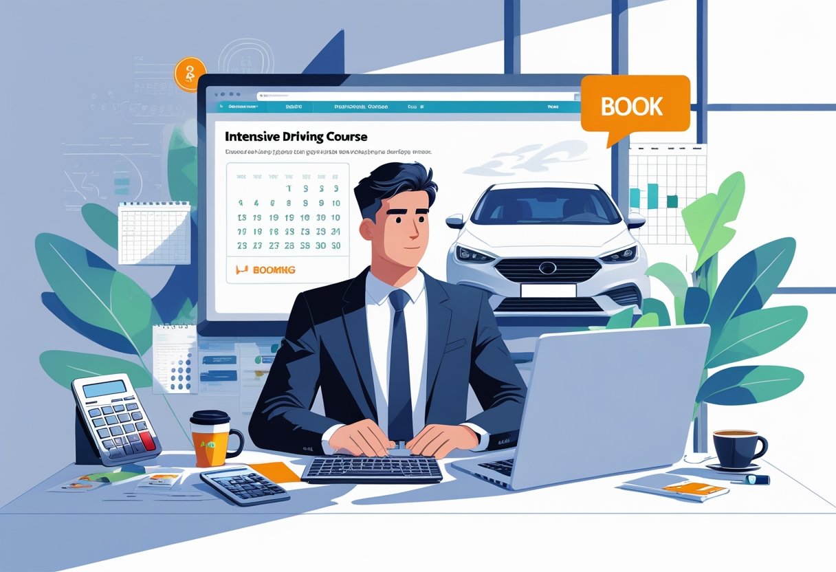 A young adult sitting at a desk with a laptop, preparing to book an intensive driving course, with a car visible outside the window and economic items on the desk.