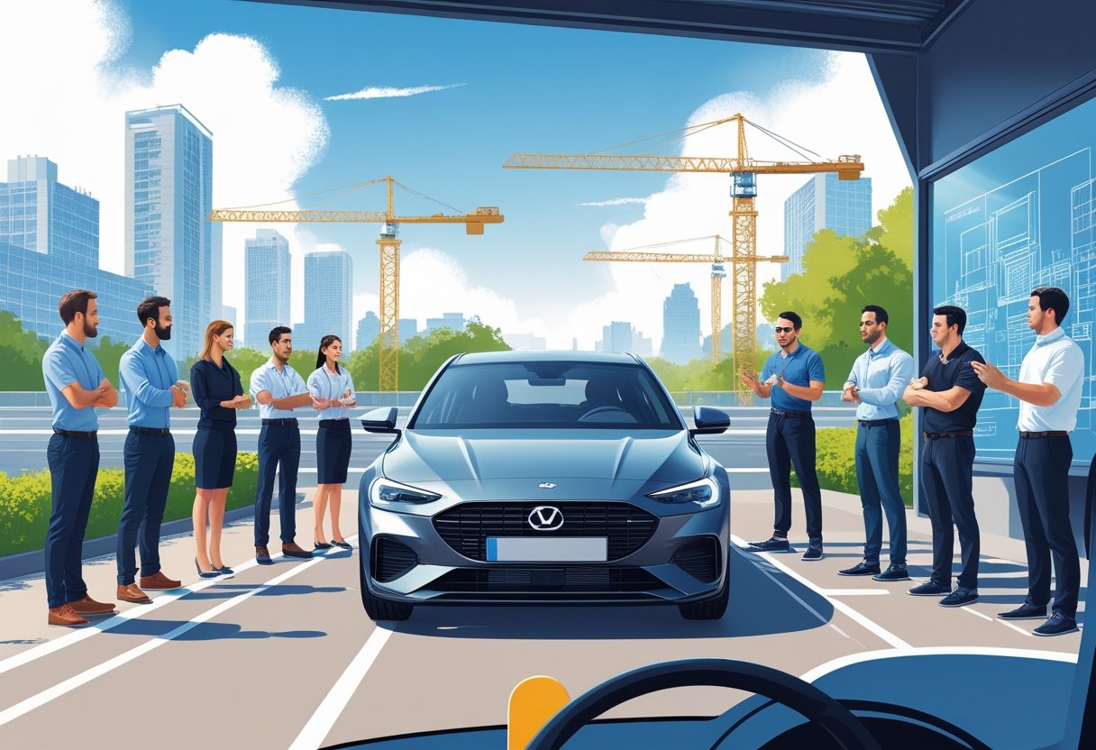A group of real estate developers attending a driving lesson with an instructor next to a car, surrounded by construction and architectural elements.