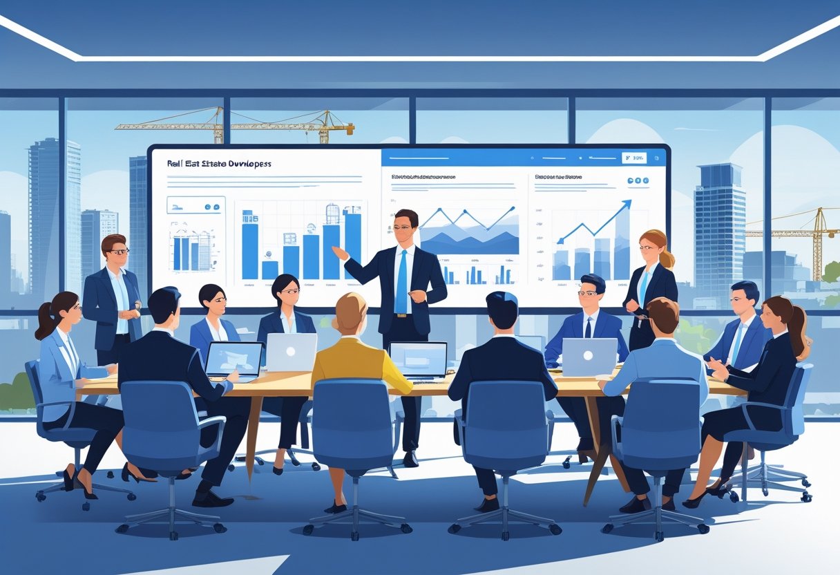 A group of business professionals in a modern meeting room engaged in a real estate development training session with city buildings visible through the windows.