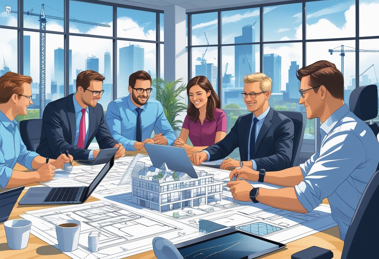 A group of real estate developers collaborating over building plans in an office, while a driving instructor guides a developer learning to drive.