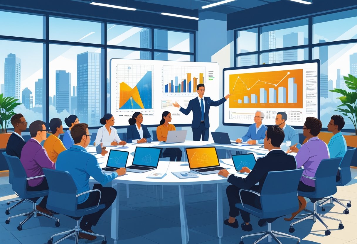 A group of adults in a classroom setting learning about real estate development with an instructor presenting building plans and graphs on a screen.