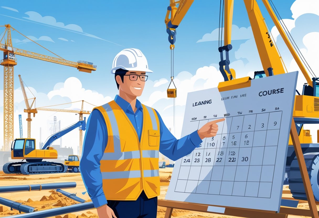 A construction manager in safety gear stands at a busy construction site, holding a clipboard and pointing at a site plan while workers and machinery operate in the background.