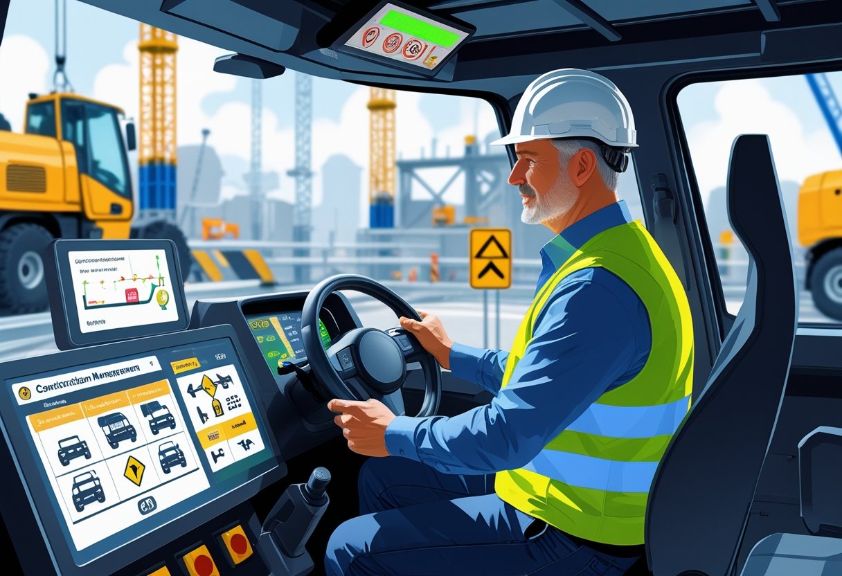 A construction manager wearing a helmet and vest using a driving simulator inside a training room with construction equipment visible in the background.
