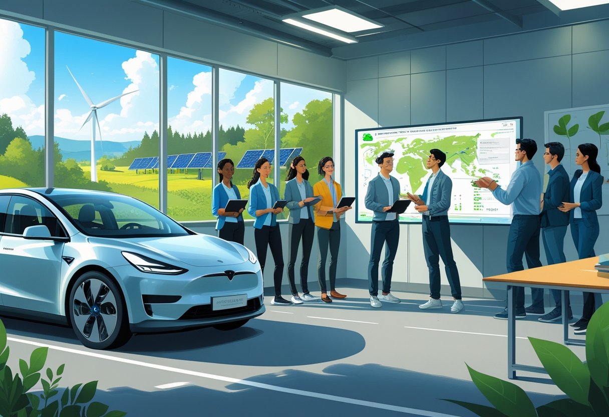 A group of environmental scientists attending a driving course with an instructor in a classroom next to an electric car and a natural landscape with trees and wind turbines outside.