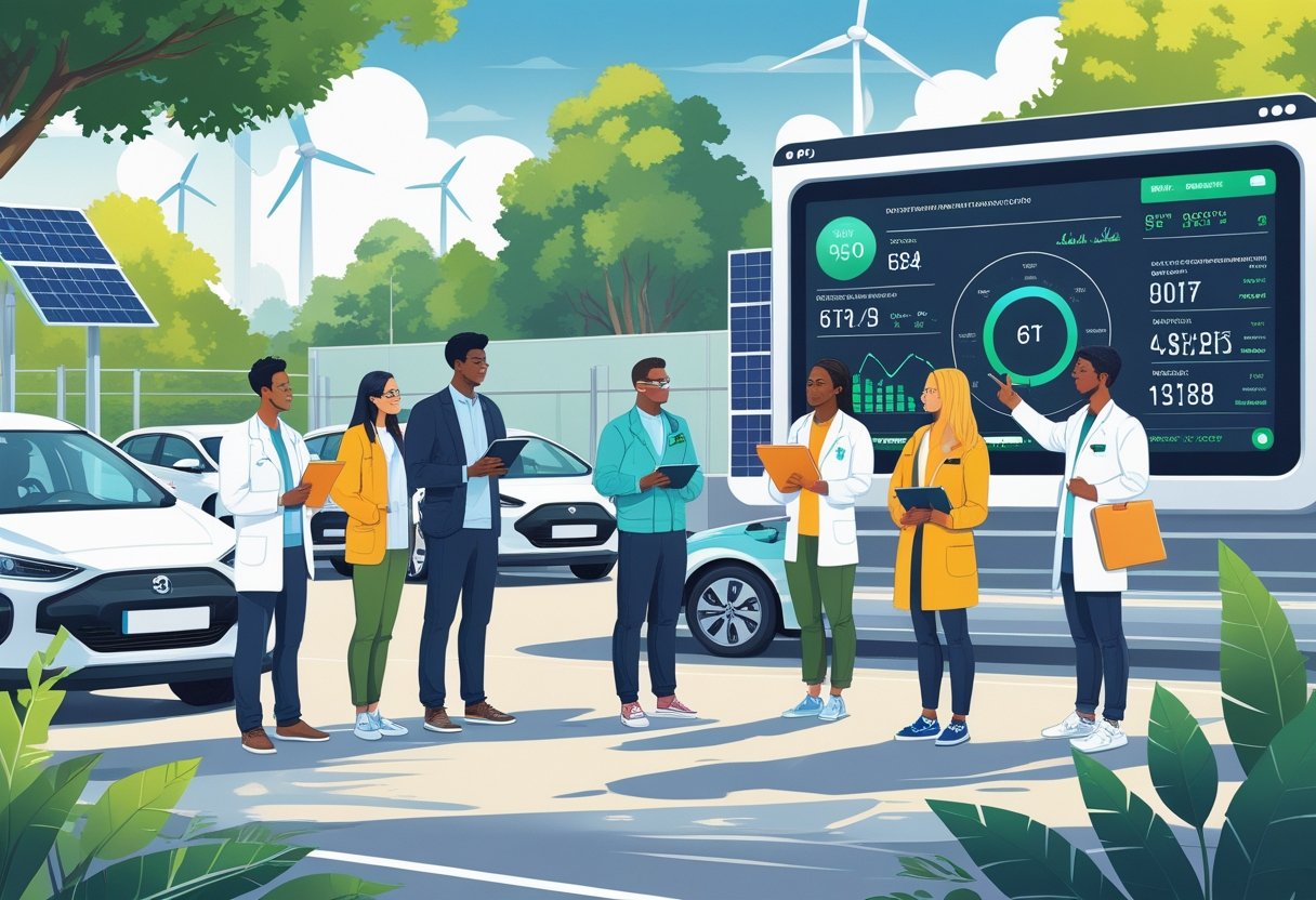 A group of environmental scientists attending a driving course outdoors with eco-friendly cars and an instructor showing information on a digital screen.