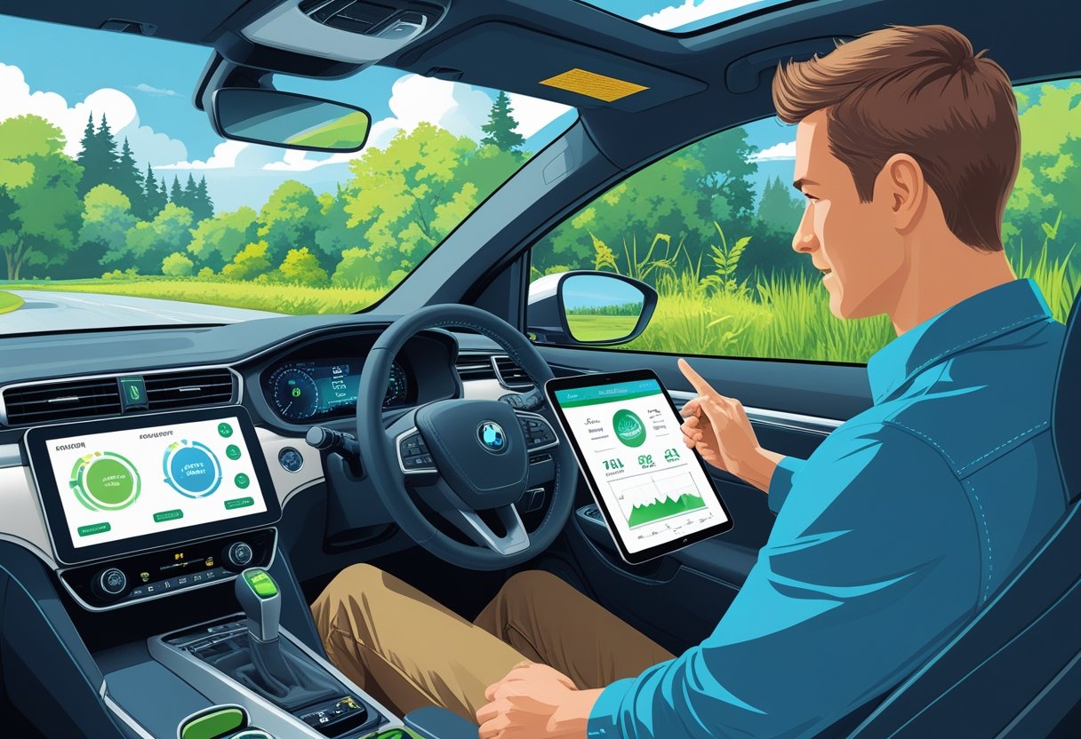 An environmental scientist in a car during a driving lesson, with a driving instructor showing data on a tablet, surrounded by trees and nature.