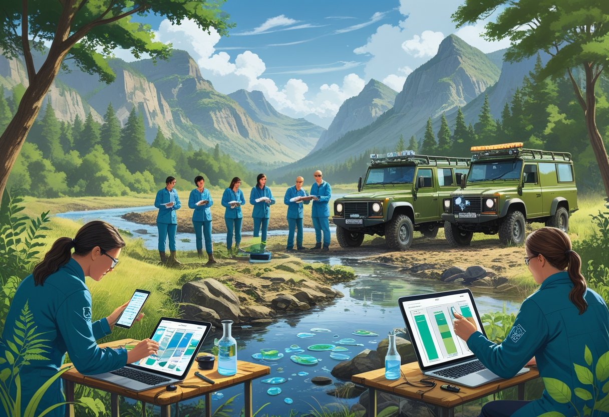 A group of environmental scientists working outdoors, analysing samples and data, while participating in a practical driving training session in a natural landscape.