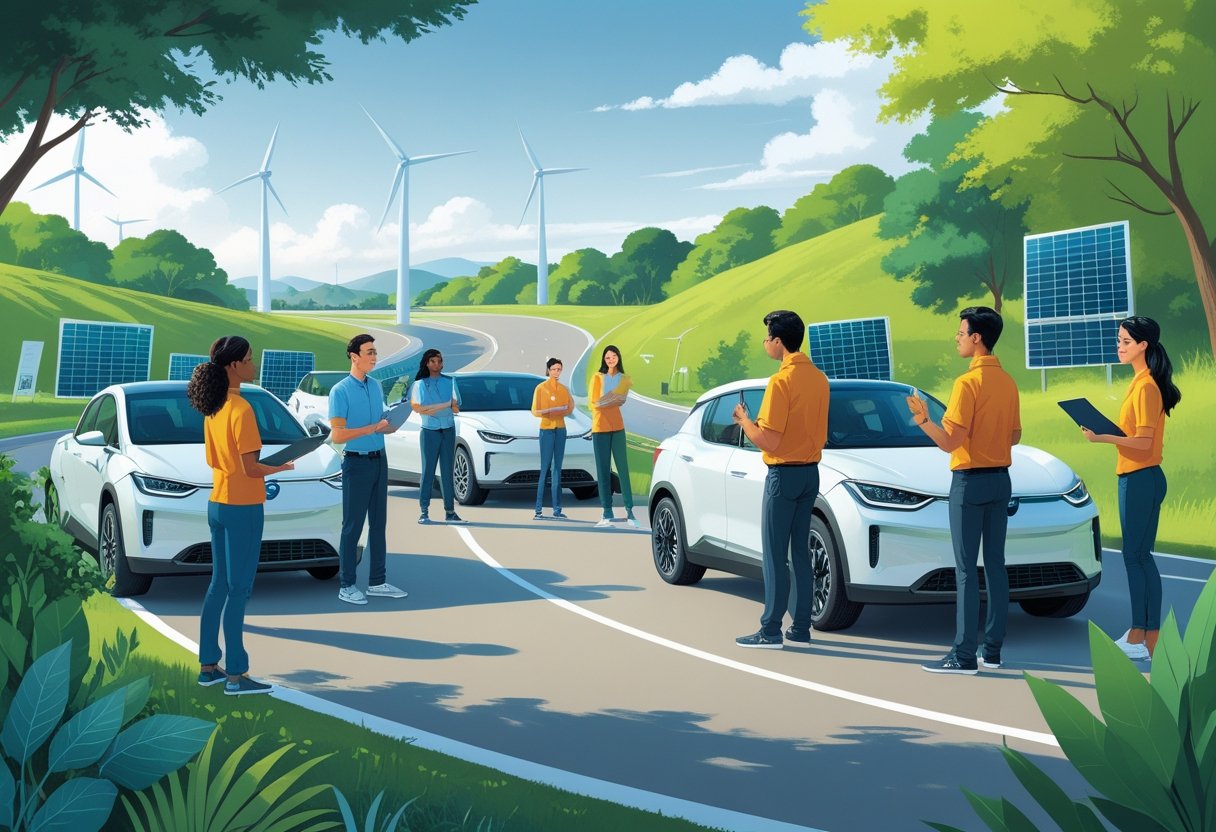 A group of environmental scientists learning to drive electric cars in a green outdoor training area with an instructor demonstrating driving techniques.