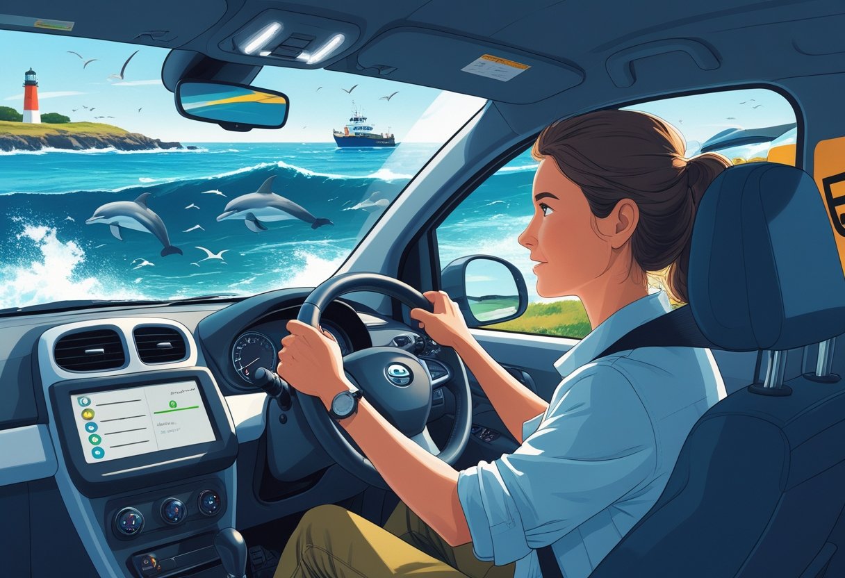 A marine biologist taking a driving lesson in a car near the coast with ocean and marine life visible outside.