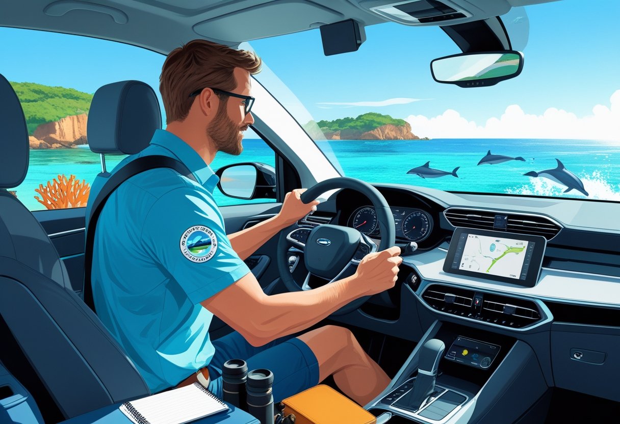 A marine biologist driving a car along a coastal road with ocean and marine life visible in the background.